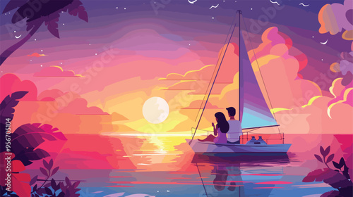 Lovers Admire Sunset Concept Man and Woman Sit Together