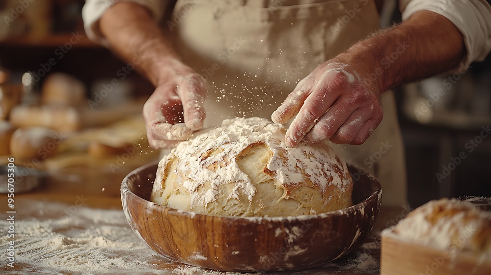 A baker delicately dusts freshly baked bread with flour in a rustic wooden bowl. A baker delicately dusts freshly baked bread with flour in a rustic wooden bowl.