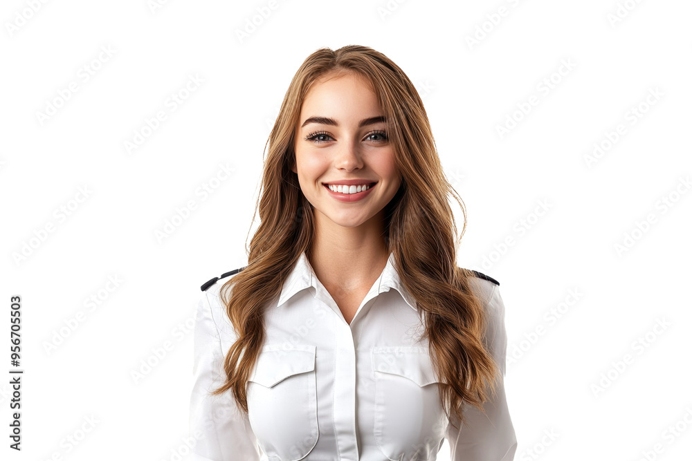 Portrait of a smiling American female stewardess, seen from the front, set against a white transparent PNG cutout background, captured with professional softbox lighting. Portrait of a smiling American female stewardess, seen from the front, set against a white transparent PNG cutout background, captured with professional softbox lighting.