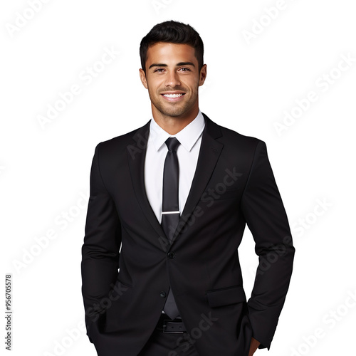 Front view mid body shot of a handsome Latin man dressed in a classic black suit with a crisp white dress shirt and a black silk tie, isolated on a white transparent background