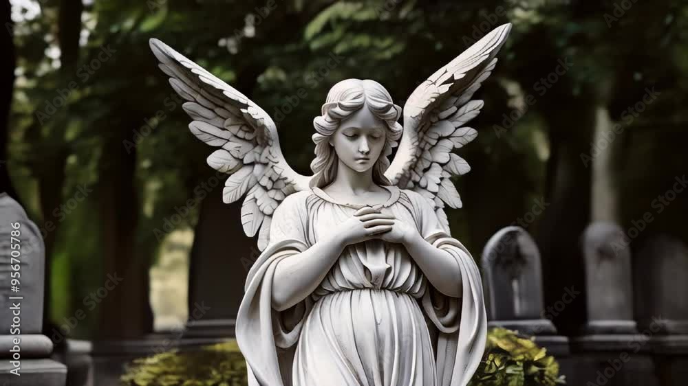 Exploring a serene cemetery with a beautifully carved angel statue surrounded by tombstones Exploring a serene cemetery with a beautifully carved angel statue surrounded by tombstones