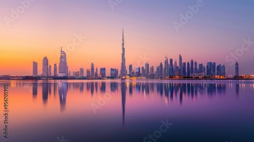 Stunning city skyline with evening sunset reflection over water