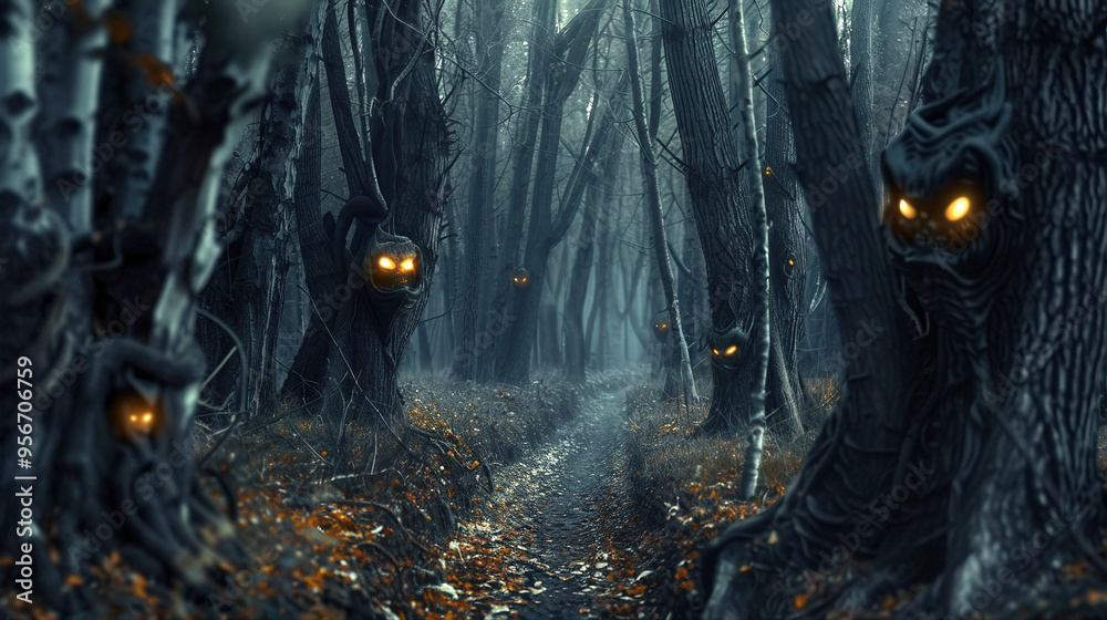 A spooky Halloween forest with glowing eyes on trees and a narrow path. A spooky Halloween forest with glowing eyes on trees and a narrow path.