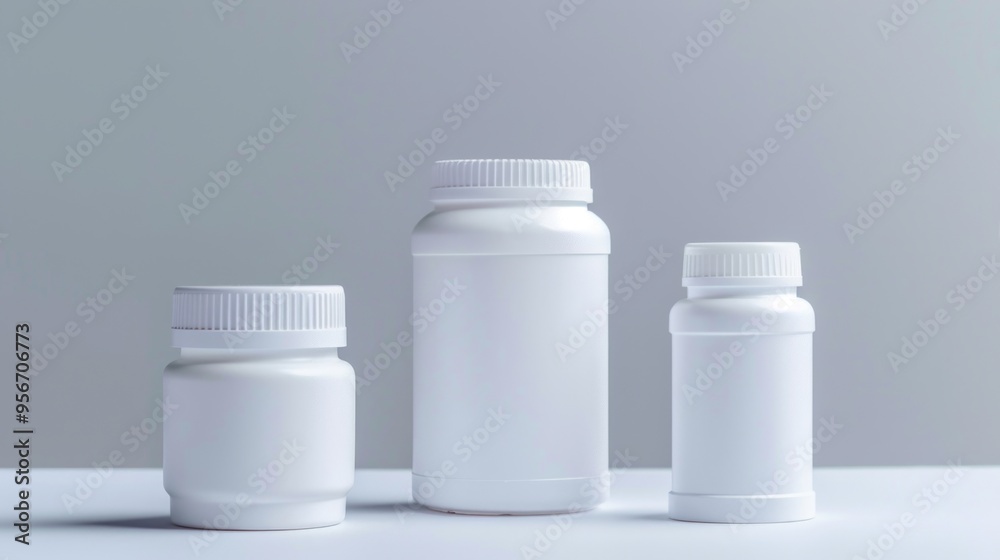 Three white bottles stand in a minimalistic arrangement. Each bottle varies in size and shape. They are empty and designed for various supplements and vitamins. Clean and modern style. AI. Three white bottles stand in a minimalistic arrangement. Each bottle varies in size and shape. They are empty and designed for various supplements and vitamins. Clean and modern style. AI.