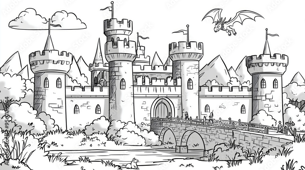 A fantasy coloring page featuring a fairy tale castle with a drawbridge and a dragon flying above, perfect for children’s imaginative activities. A fantasy coloring page featuring a fairy tale castle with a drawbridge and a dragon flying above, perfect for children’s imaginative activities.