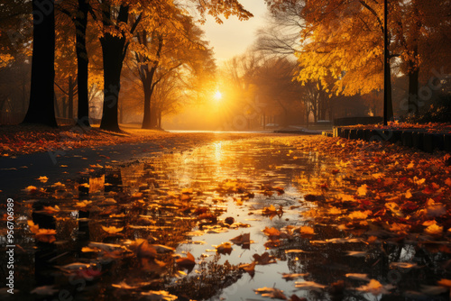 Wallpaper Mural A serene park path reflects the warm glow of a sunset, surrounded by trees shedding autumn leaves and creating a vivid atmosphere Torontodigital.ca