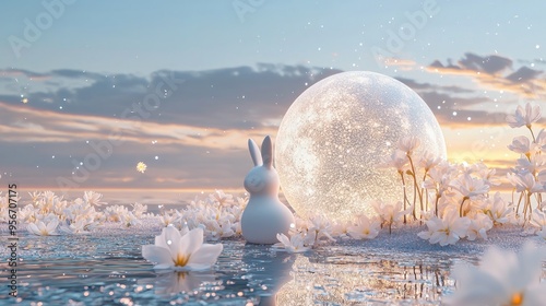 A glass textured full moon is on the water surface, with colorful glitter like desert and a small amount of ice cubes on the surface, white flowers around it photo