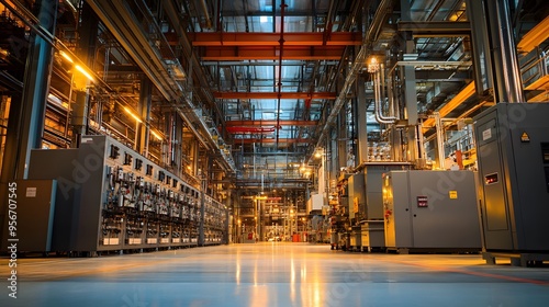 A large industrial building with a blue pipe in the foreground. The pipes are blue and orange