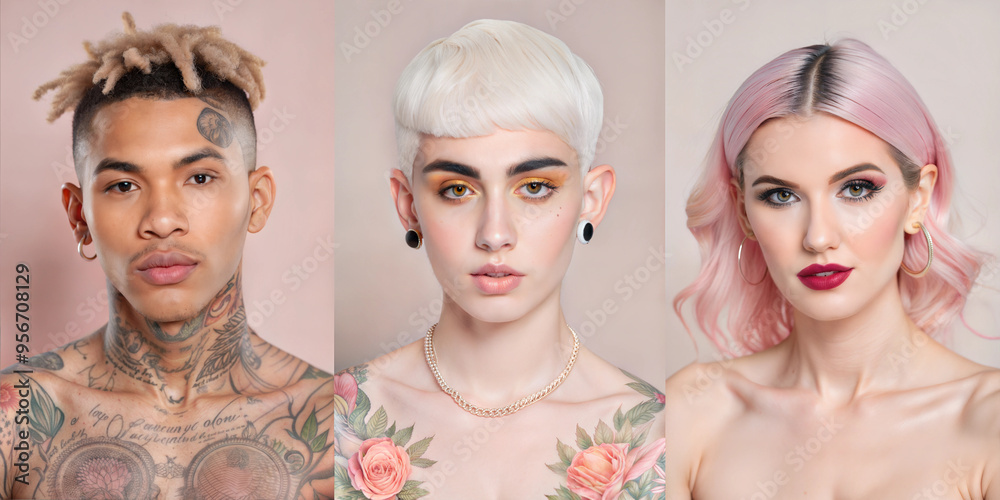 Collage of young multiethnic people with tattoo, piercing and colorful hairs on pink background Collage of young multiethnic people with tattoo, piercing and colorful hairs on pink background