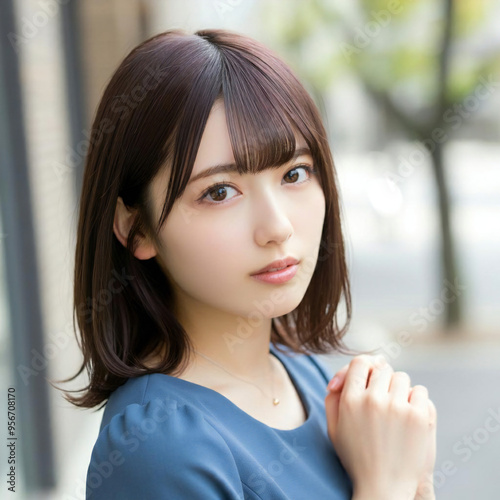 Japanese woman in her 20s, shy smile, cute, everyone's idol
