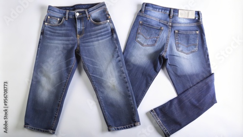 Two Pairs of Blue Denim Jeans Laid Flat on a White Background photo