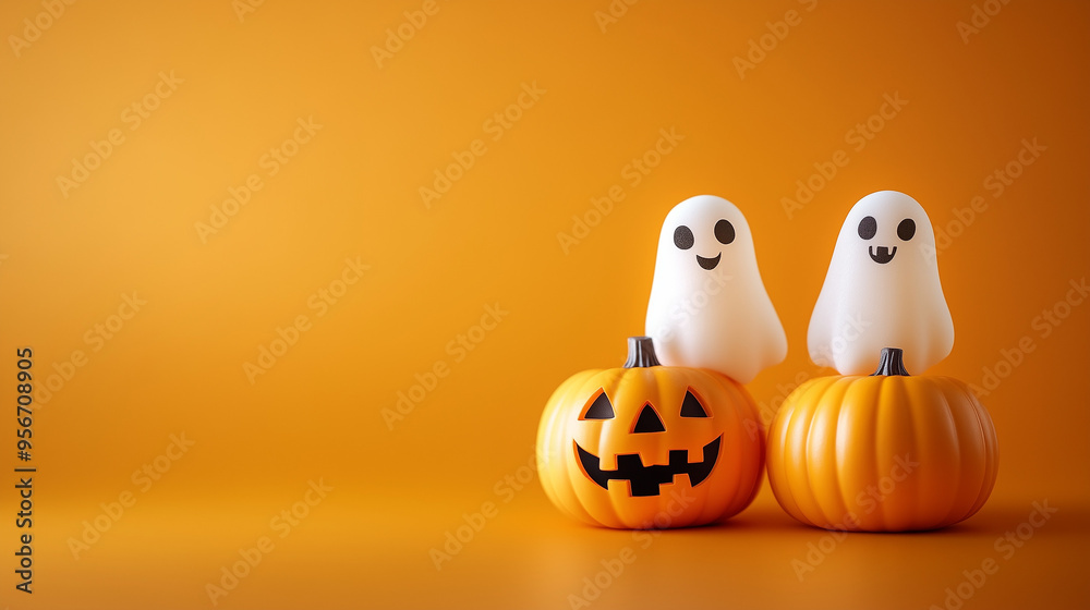 Zabawne duchy w towarzystwie uśmiechniętej dyni na jaskrawym pomarańczowym tle. Idealne na świąteczne dekoracje i kartki z życzeniami z okazji Halloween. Zabawne duchy w towarzystwie uśmiechniętej dyni na jaskrawym pomarańczowym tle. Idealne na świąteczne dekoracje i kartki z życzeniami z okazji Halloween.