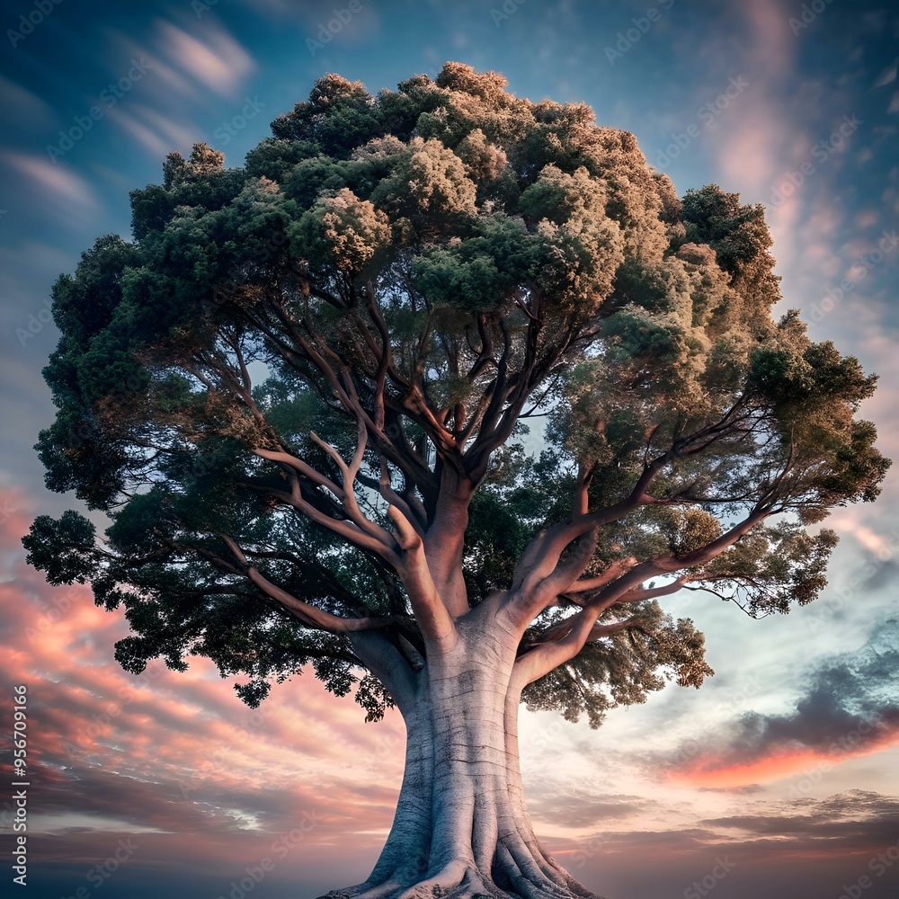 Fototapeta premium A majestic California Sycamore tree stands tall against a dramatic sunset sky.