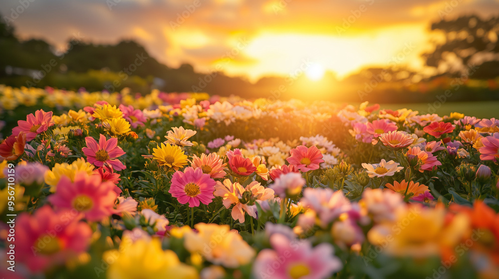 Shikisai no Oka flower garden, flowers of various types and colors form a stunning spiral pattern in the afternoon, AI Generated Images Shikisai no Oka flower garden, flowers of various types and colors form a stunning spiral pattern in the afternoon, AI Generated Images