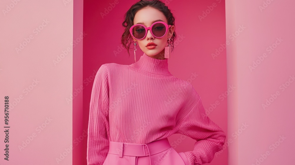 Fashionable woman in pink outfit and sunglasses against a pink background Fashionable woman in pink outfit and sunglasses against a pink background