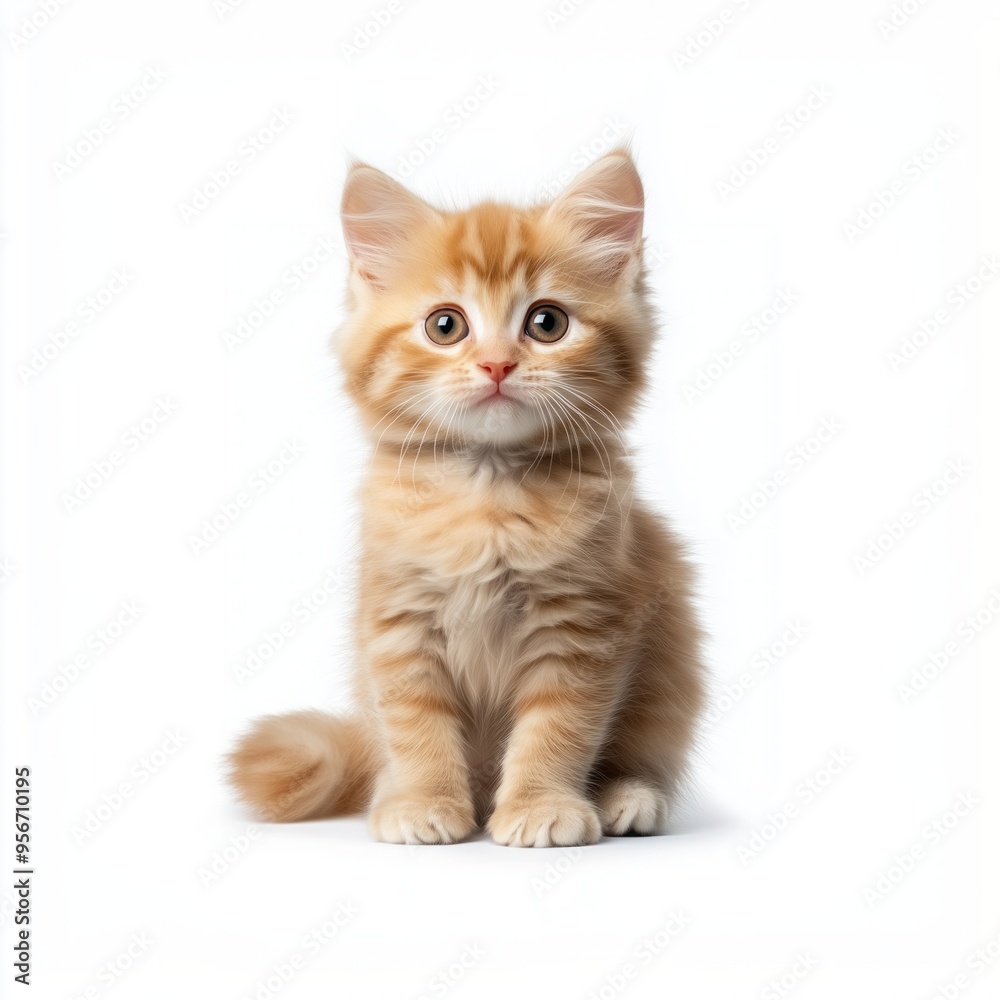 Cute, fluffy golden-brown kitten sitting on a white background, looking at the camera. Isolated. Cute, fluffy golden-brown kitten sitting on a white background, looking at the camera. Isolated.