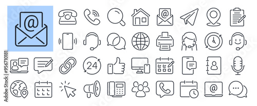 Contact us, phone, mail, and message editable stroke outline icons set isolated on white background flat vector illustration. Pixel perfect. 64 x 64.