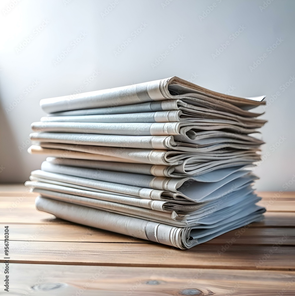 A neat stack of folded newspapers on a wooden table. ready for reading. A neat stack of folded newspapers on a wooden table. ready for reading.