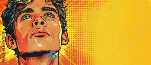 Handsome white man in retro pop art comic style, copy space