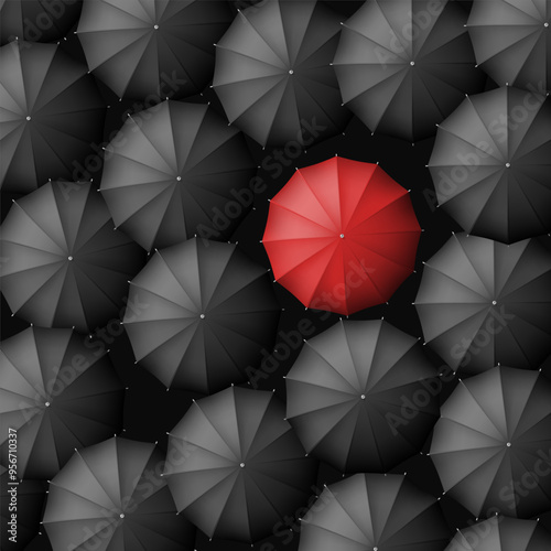 Red umbrella among many black umbrellas. Top view. Stock vector illustration