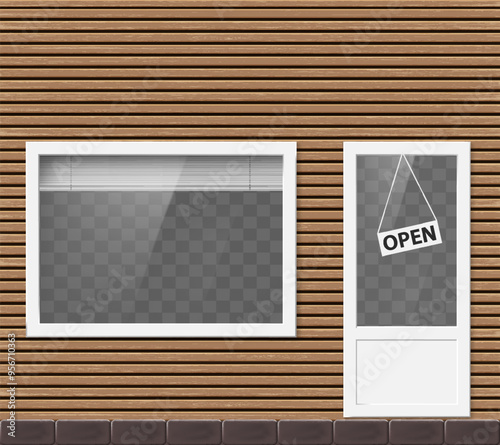 Shop facade with showcase and wooden slats banner. Isolated on a transparent background. Vector mockup