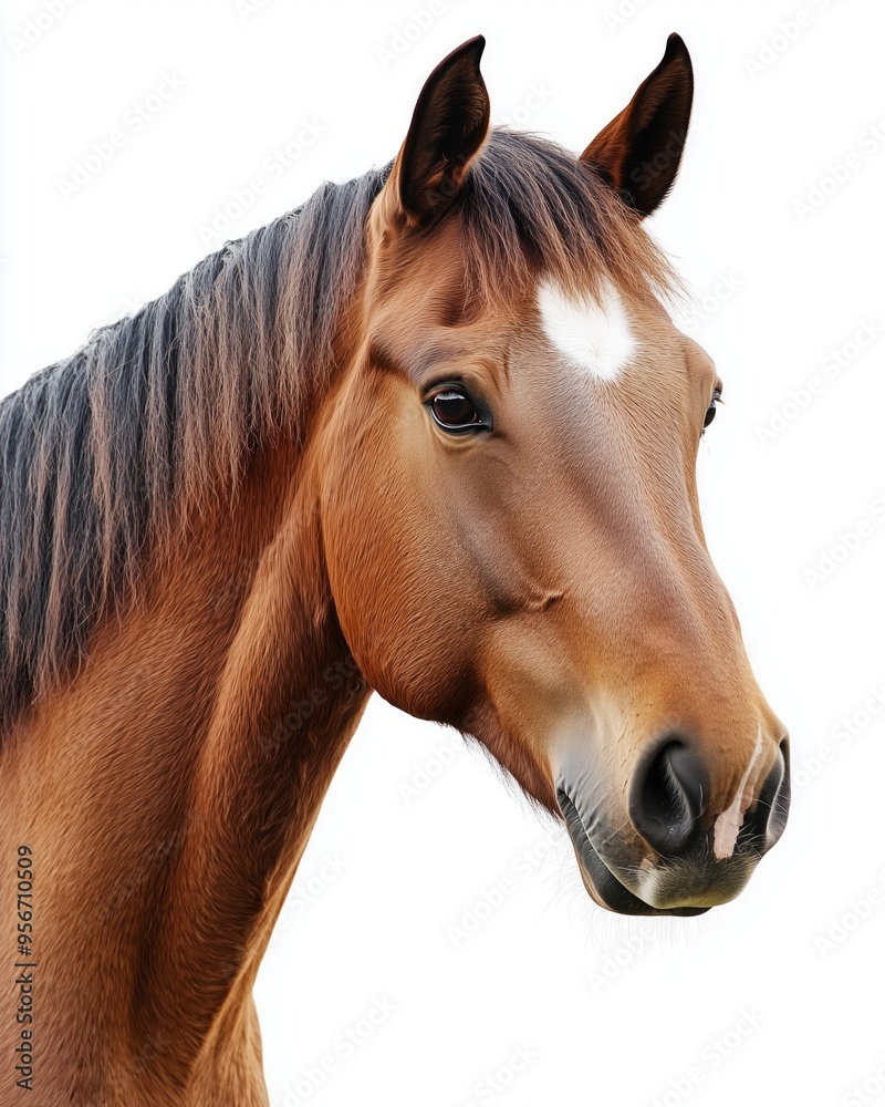 Fototapeta premium Portrait brown horse with a bashful expression, a headshot isolated on a white background.