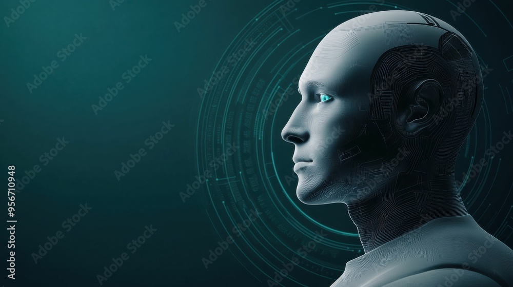 Futuristic Android Profile with Digital Circuitry on Blue Background . Futuristic Android Profile with Digital Circuitry on Blue Background .