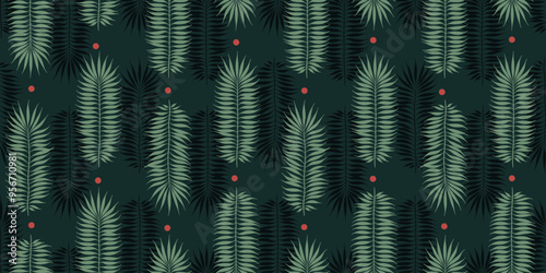 Christmas tree branch seamless vector pattern. Watercolor leaves background, jungle palm print
