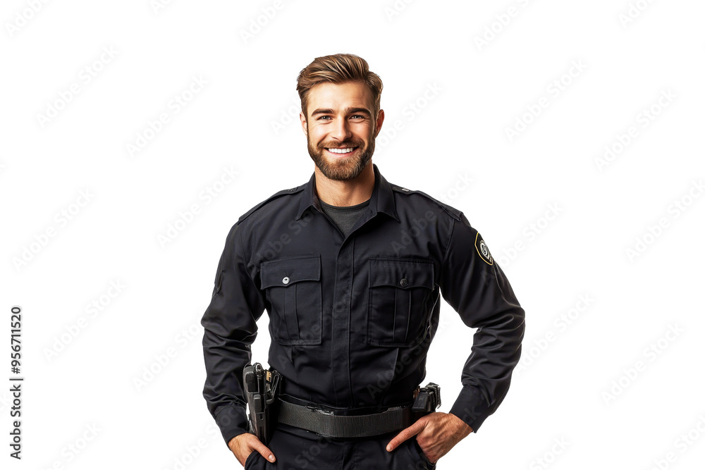 Portrait of a smiling American male security guard, seen from the front, set against a white transparent PNG cutout backdrop, with professional softbox lighting for clarity. Portrait of a smiling American male security guard, seen from the front, set against a white transparent PNG cutout backdrop, with professional softbox lighting for clarity.