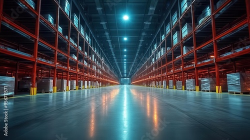 modern warehouse interior with soft focus expansive space with high ceilings and industrial lighting rows of shelving barely visible in the distance clean and organized atmosphere