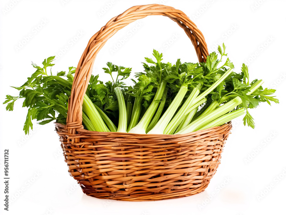 Basket with fresh celery isolated on white background. Clipping path Basket with fresh celery isolated on white background. Clipping path