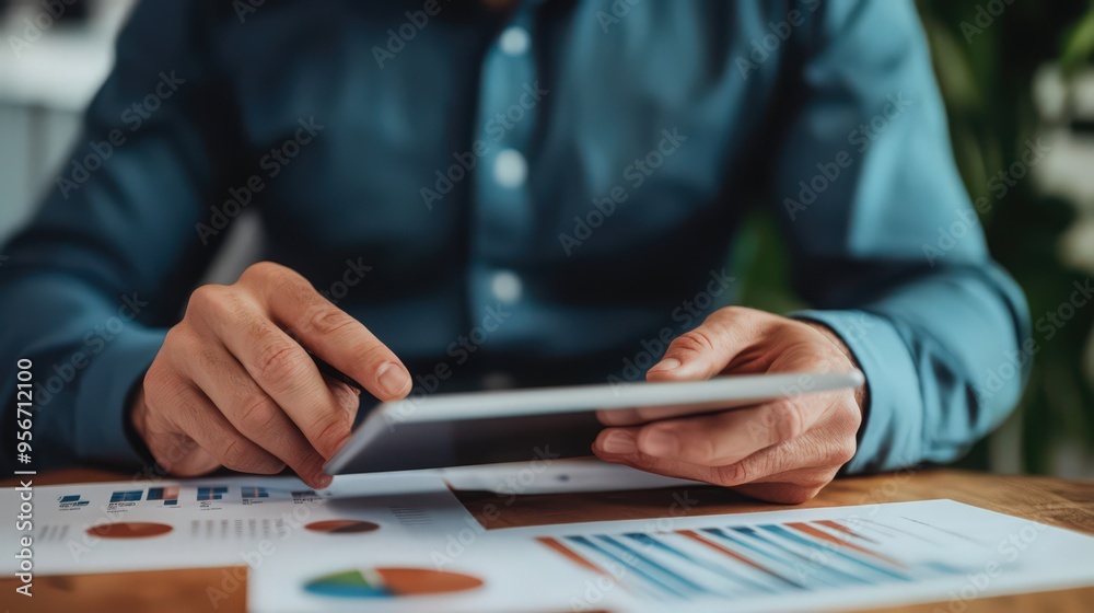 A businessman intently reviews sales data on his tablet, analyzing financial reports and growth charts A businessman intently reviews sales data on his tablet, analyzing financial reports and growth charts