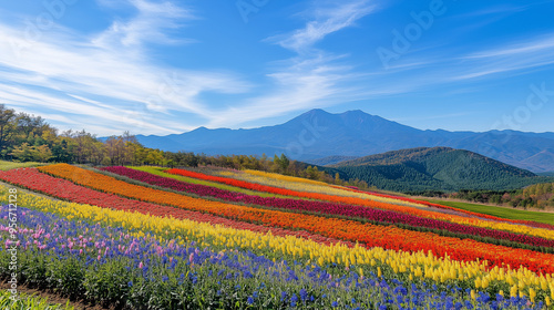 Shikisai no Oka flower garden, colorful flower beds forming geometric patterns on the hillside, the majestic Tokachi mountains, Ai generated Images photo