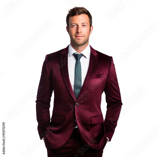 Front view mid body shot of a handsome white man dressed in a deep maroon velvet blazer and black trousers with a silver tie, isolated on a white transparent background