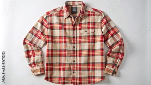 Red and Beige Plaid Flannel Shirt Laying Flat