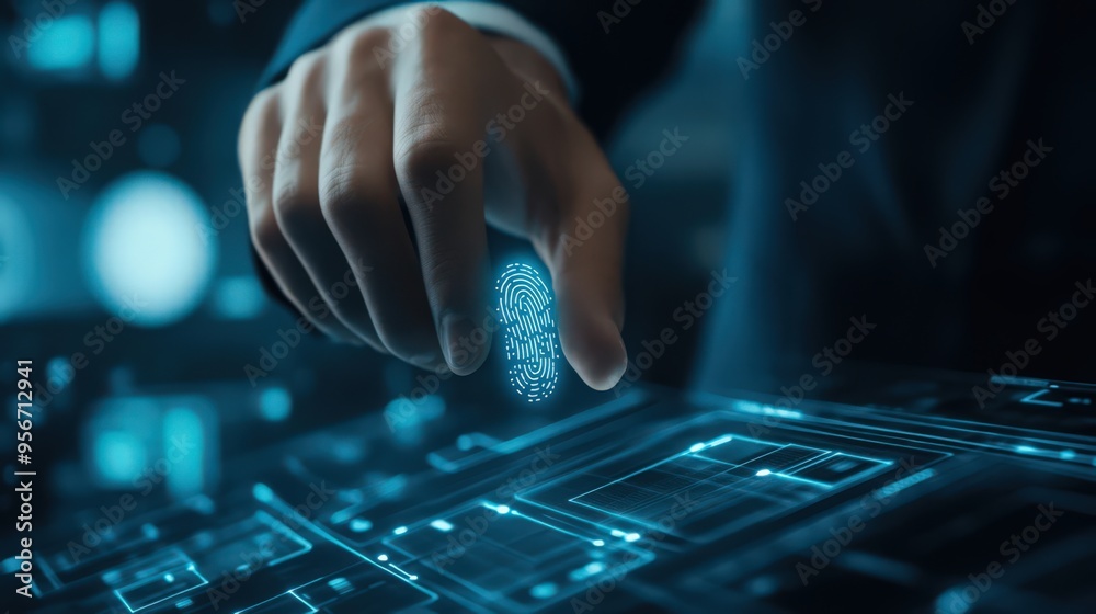 A businessman scans his fingerprint to unlock a secure network, ensuring data privacy and security A businessman scans his fingerprint to unlock a secure network, ensuring data privacy and security