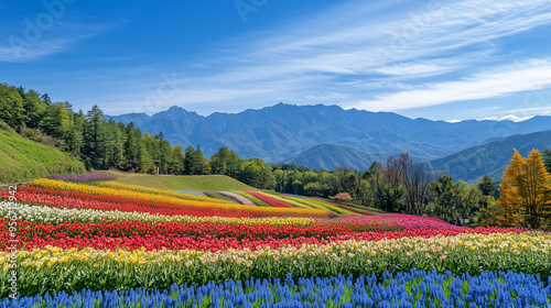 Shikisai no Oka flower garden, colorful flower beds forming geometric patterns on the hillside, the majestic Tokachi mountains, Ai generated Images photo