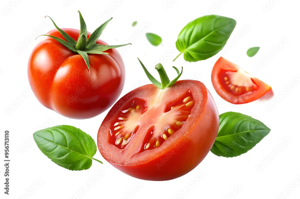 Falling tomato half slice and leaves isolated on transparent background - Generative AI Falling tomato half slice and leaves isolated on transparent background - Generative AI
