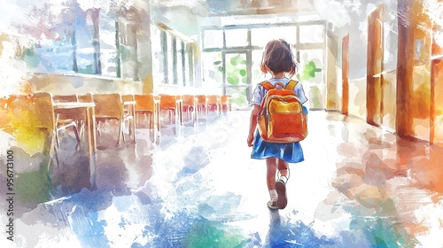 First day of school, a child excitedly walking into a classroom, backpack bouncing, Watercolor style