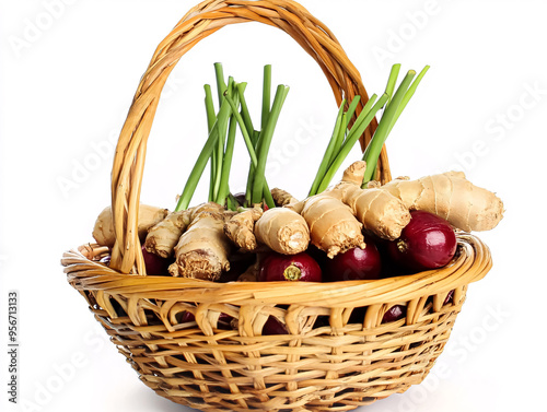 Fresh Ginger in a wicker basket on a white background, isolated photo