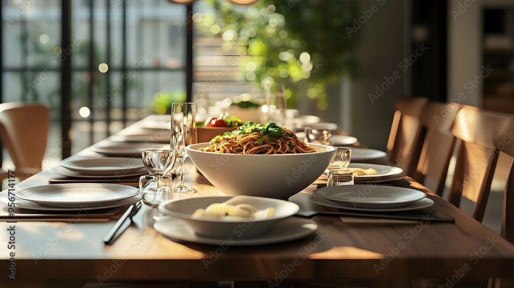 A modern dining table featuring 3D-rendered noodle bowls from various countries A modern dining table featuring 3D-rendered noodle bowls from various countries
