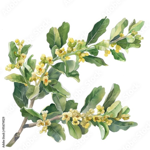 Aromatherapy with Frankincense Essential Oil. Watercolor Painting of Boswellia Carterii Tree Leaves and Flowers