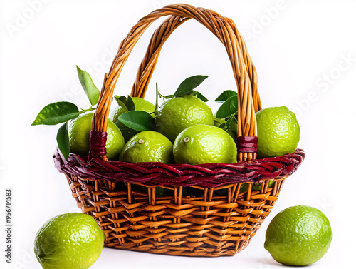 Basket of limes with green leaves isolated on white background.