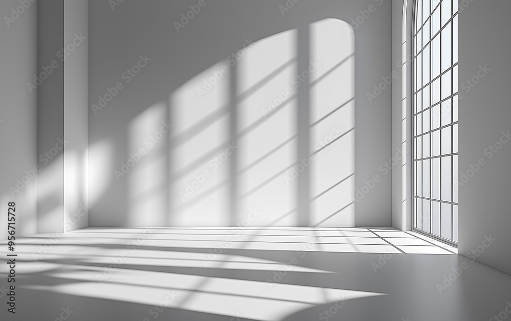 Obraz premium Minimalist Abstract White Background with Soft Shadows and Light Reflections, Ideal for Product Display or Advertising Backdrop in a Studio Setting.