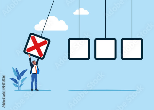 Tiny businessman pulling a check box as a pendulum for refusal the next tasks. Modern vector illustration in flat style