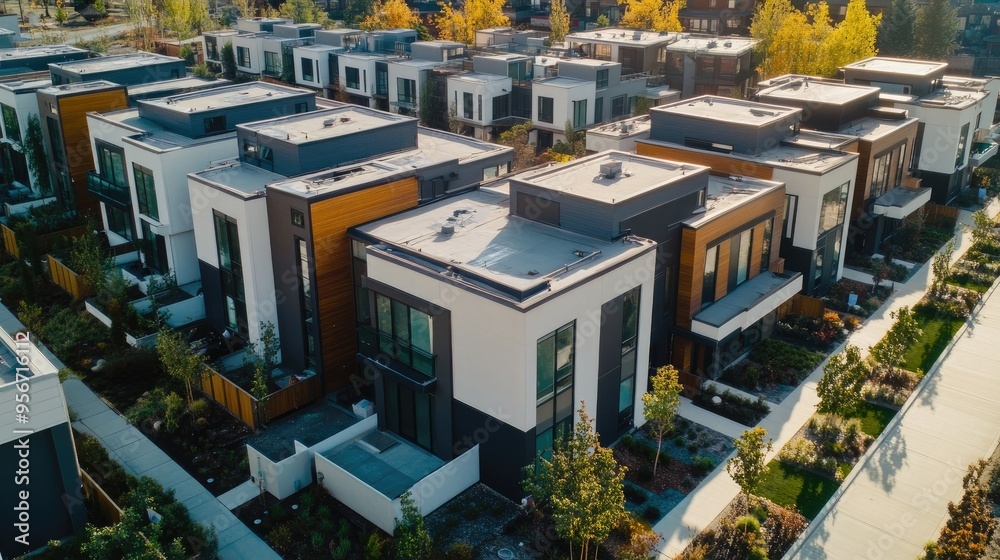 Fototapeta premium Aerial view of a modern residential neighborhood with rows of contemporary townhouses featuring flat roofs, large windows, and vibrant facades