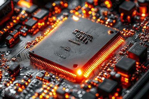 Close-up of a glowing microprocessor on a circuit board.