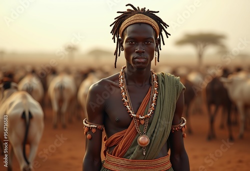 High-Resolution Image of a Dark-skinned Dinka Man, Captured in a Cattle Camp Setting photo