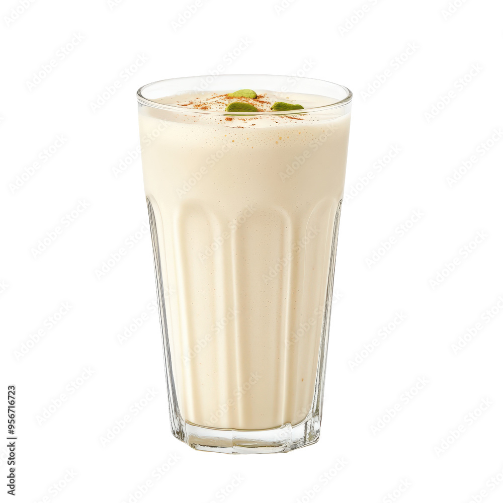 Chilled glass of creamy vanilla milkshake topped with mint leaves and sprinkled with cinnamon powder, isolated on white background. Chilled glass of creamy vanilla milkshake topped with mint leaves and sprinkled with cinnamon powder, isolated on white background.
