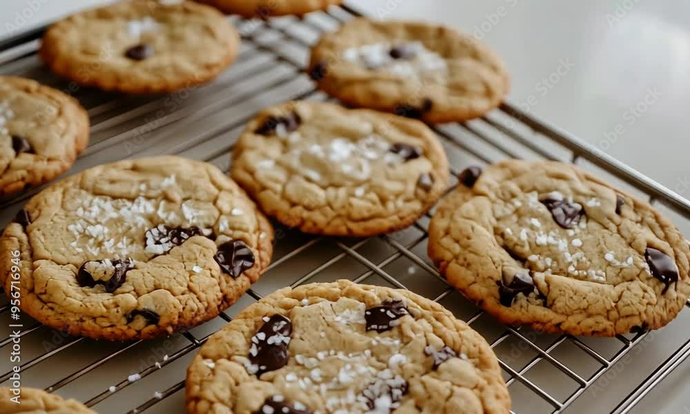 Warm chocolate chip cookies are cooling on a wire rack in a kitchen filled with cozy vibes. The cookies are golden brown with a sprinkle of sea salt on top Warm chocolate chip cookies are cooling on a wire rack in a kitchen filled with cozy vibes. The cookies are golden brown with a sprinkle of sea salt on top